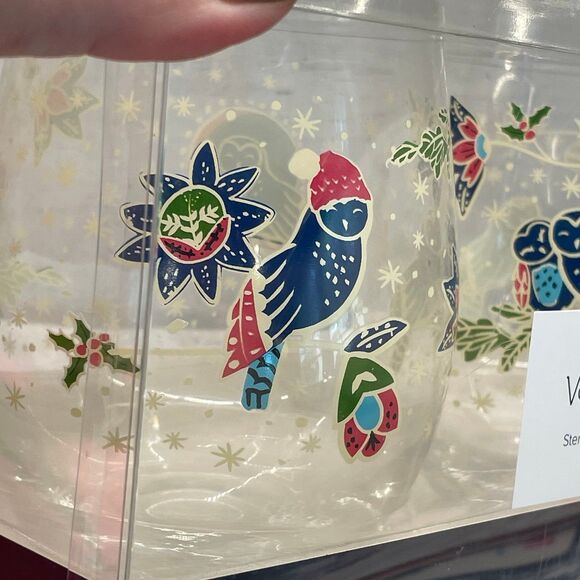 NEW Vera Bradley Holiday Owls Stemless Wine Glasses Set of 2 16oz. - Picture 4 of 7